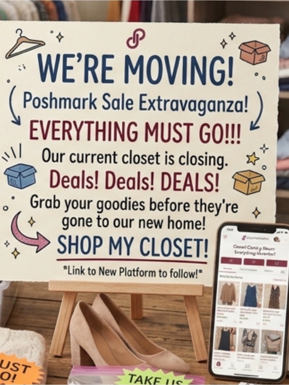 Poshmark Sale Sign - 'We're Moving!' Poster with Neutral Shoes